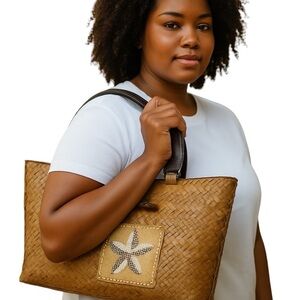 Sun N Sand Brown Woven Straw Tote Bag Wooden Handles Vintage